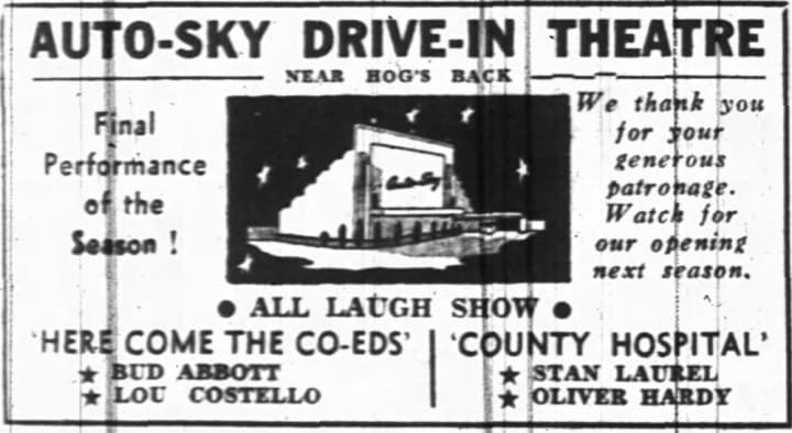 The Auto-Sky’s inaugural season ended with a comedy night. That evening’s temperature was an unseasonably warm 7 degrees celsius. Source: Ottawa Journal, November 13, 1948, Page 14.