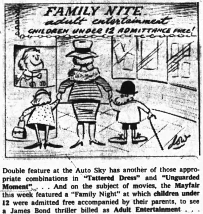 As early as 1963, the Auto-Sky was beginning to get a reputation for mixing family fare with films that are a little more …blue. Source: Ottawa Journal, October 19, 1963, Page 21.