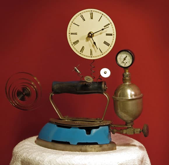 Fully functional clock made in part with a 1927 Coleman gasoline iron - by Rekindled Lighting