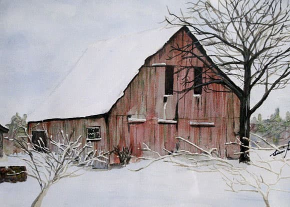 “The Barn so Red” by Pam Cunningham, one of the participating artists in the Open House & Art Sale in Chapeau QC