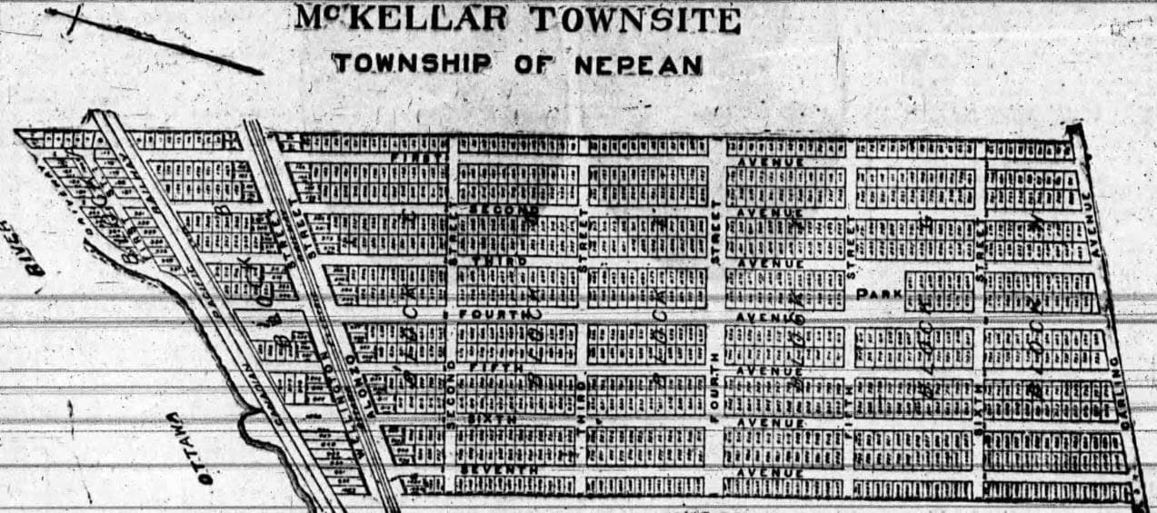 Earliest map of the McKellar Townsite plan from January of 1911. After realizing the confusion that would likely result from duplicate naming of streets with “Avenue” for north-south and “Street” for east-west, all of the east-west running Streets would be given proper names in the final plan filed in June of 1911. The future Fraser Avenue appears here as “First Avenue” at the top.
