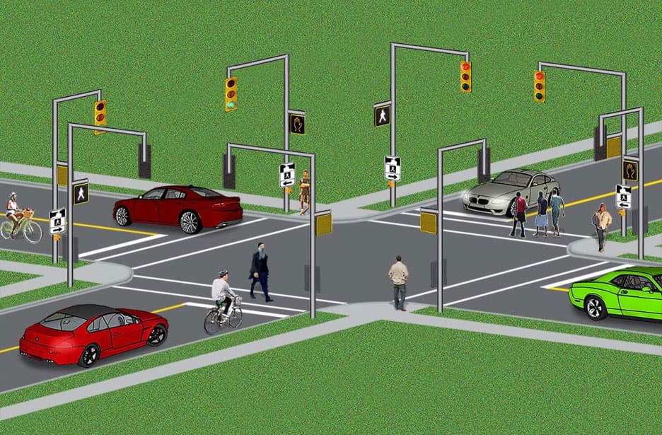 diagram of crosswalks at an intersection with traffic signals and pedestrian signals. The image shows a four-way intersection of two two-lane roadways. There are two traffic signals for each direction of travel. There are four crosswalks which link the corners of the intersection. Each crosswalk is marked by two parallel white bars that run across the roadway. There is a pedestrian signal at each end of every crosswalk. Cars and bicycles are stopped at stop lines marked by white bars on one roadway. Stopped cars and bicycles are facing a red light. Pedestrians who face a lit-up “walking person” symbol in white on the pedestrian signal are crossing the roadway. When this symbol is not lit up and the orange hand symbol is lit up, pedestrians are not allowed to enter the crosswalk. Cars and bicycles proceed through the intersection when the traffic light they face turns green.