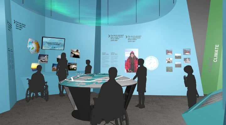 Illustration of the Geography Zone in the Canada Goose Arctic Gallery. A projection of the Aurora Borealis, and a 3D circumpolar map are two highlights in this section. GSM/Canadian Museum of Nature © Canadian Museum of Nature