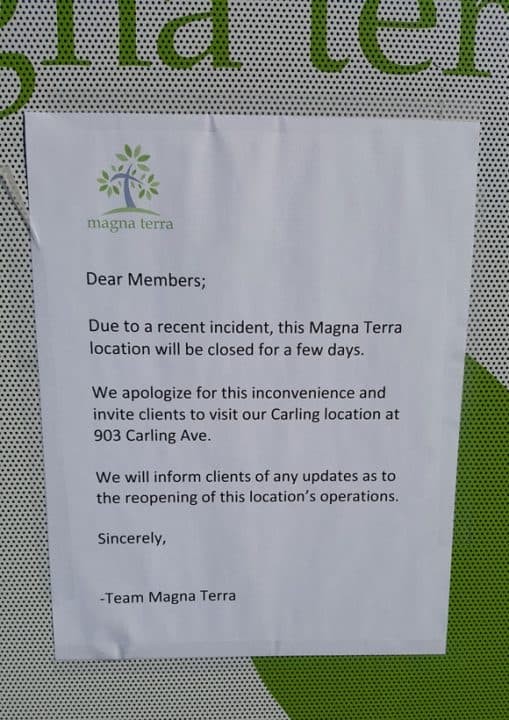 Sign posted on the door at Magna Terra
