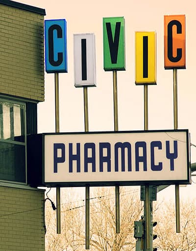 Retro Rx: The Civic Pharmacy sign, on the corner of Carling and Holland. Photo by Robert Metzger.