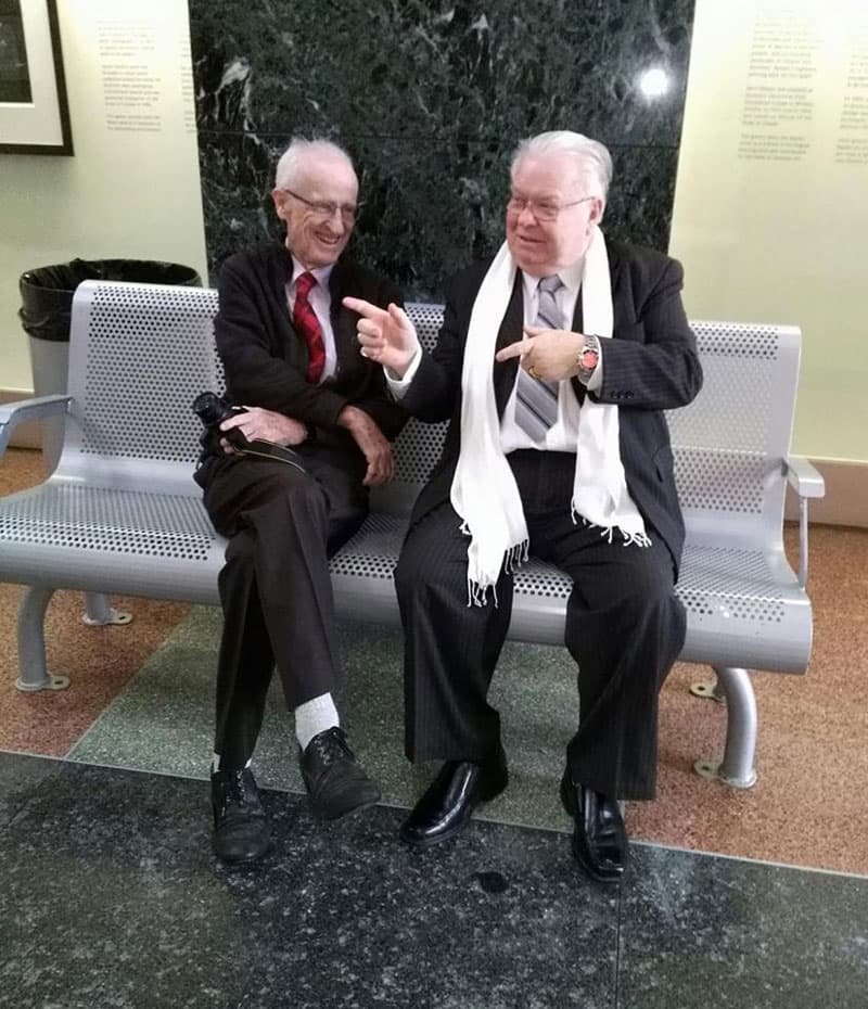 “The Two Johns”. Longtime Stittsville News reporters John Curry (left) and John Brummell at City Hall in January 2017. Brummell received a Mayor’s City Builder Award after his retirement from the newspaper. Photo via Deborah Brummell / Stittsville Neighbours.