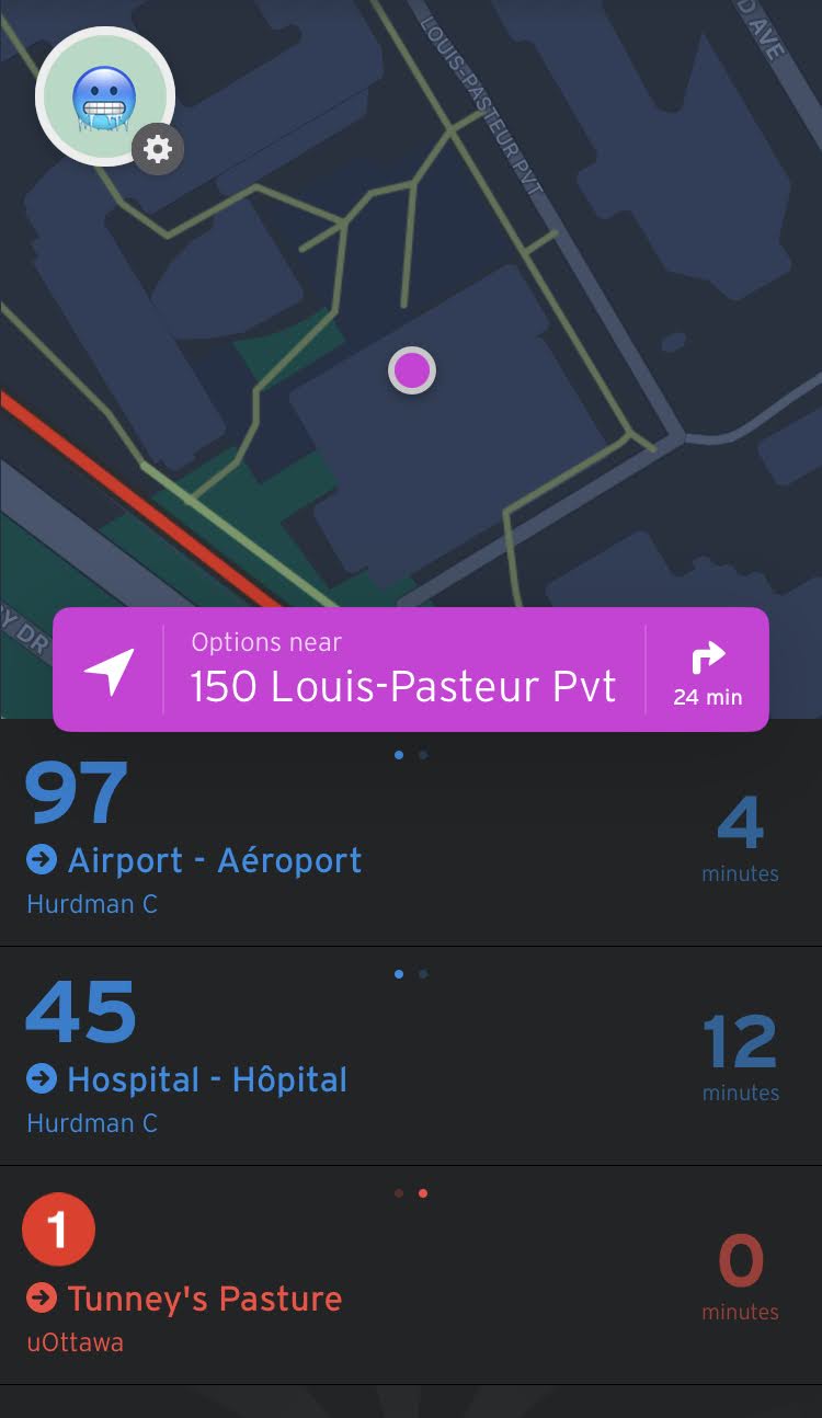 A view of the Transit app, showing a list of bus routes and O-Train Line 1 near the University of Ottawa