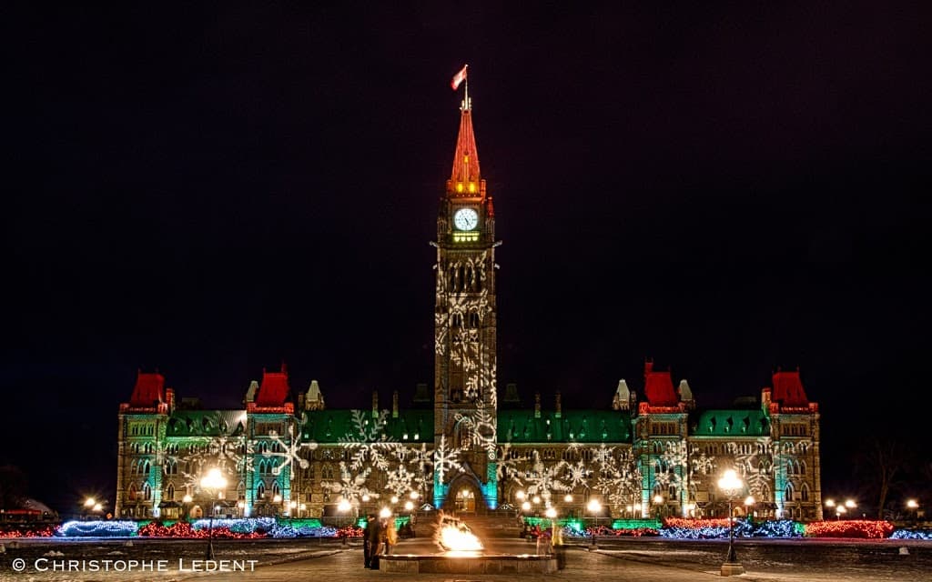 25 Days of Ottawa Christmas Lights #9: Peace Tower and Parliament Buildings · OttawaStart.com