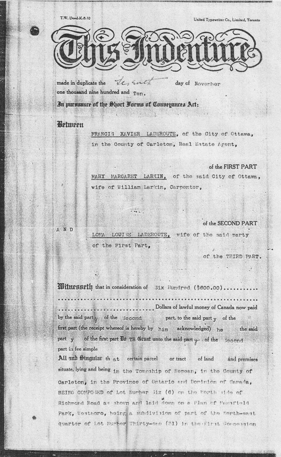 Scan of the first page of the original sale deed for lot 6, Richmond Road.