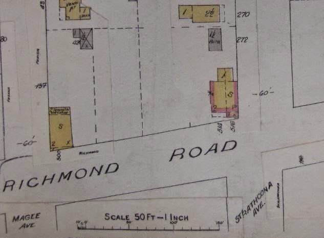 Goad’s Fire Insurance Plan of Ottawa, 1922. Showing the north side of Richmond Road between Athlone (Magee) at left and Tweedsmuir (Strathcona) at right. The Larkin home is shown as #514/516 Richmond Road, wood frame (yellow colour), with brick veneer (pink). The dotted line again appears, indicating a partition within the house, perhaps originally constructed to be 2 semi-detached residences.