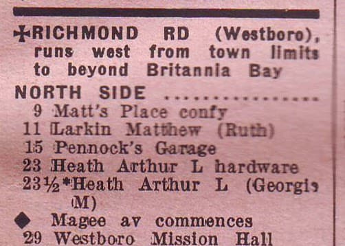 1937 Ottawa City Directory listing for Richmond Road in Westboro, showing Matt’s Place at 9 Richmond.