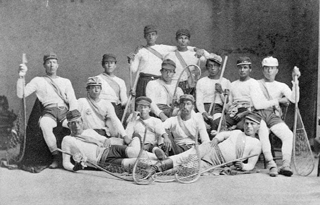 Men from the Mohawk Nation at Kahnawake (Caughnawaga) who were the Canadian lacrosse champions in 1869 / Des hommes de la nation mohawk à Kahnawake (Caughnawaga), les champions de la crosse au Canada en 1869